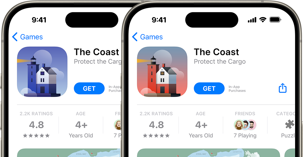 The Coastアプリの異なるバージョンのプロダクトページを比較する、横に並んだ2台のiPhone